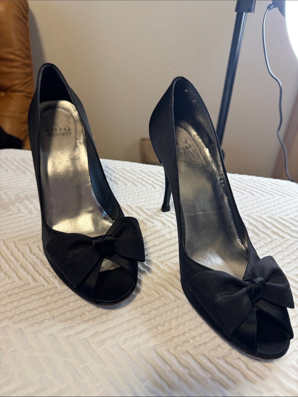 Stuart Weitzman Black Satin Peep-Toe Bow Pumps